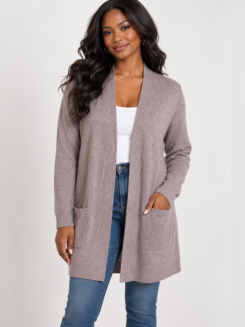 Old Navy mauve open front long cardigan sweater pockets ribbed spandex LARGE